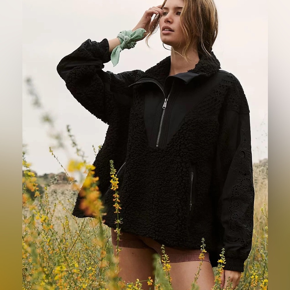 Free People FP Movement Seaside Crocheted Sherpa Fleece Jacket Black Size S